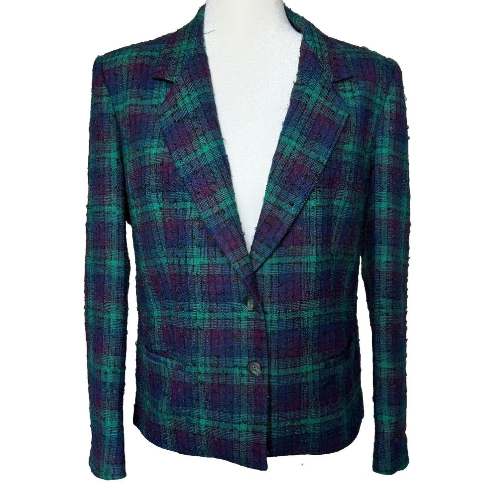Vtg 80s Green Plaid Bouclé Wool Blazer Women’s 10 Heritage Artsy